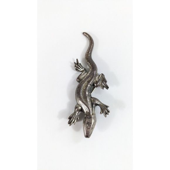 Lizard Shaped Sterling Silver Brooch - Reptile Dragon Pin - Southwestern - Picture 4 of 11